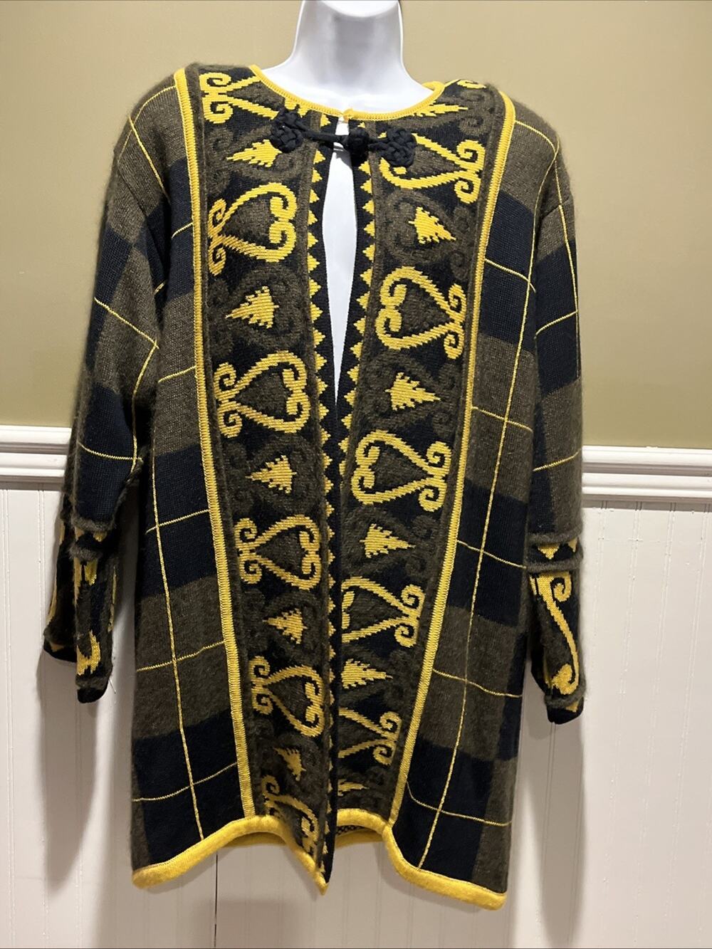 Mondi Vintage 80s Wool Mohair Art‑to‑Wear Cardigan – Black & Gold Sz 40 (M)